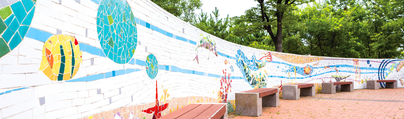 Wall Painting and Benches next to Central Fountain at Haedoji Park
