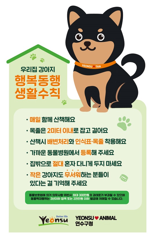 우리집 강아지 행복동행 생활수칙 / 매일 함께 산책해요/ 목줄은 2미터 이내로 잡고 걸어요 / 산책시 배변처리와 인식표·목줄 착용해요 / 가까운 동물병원에서 등록해 주세요 / 집밖으로 절대 혼자 다니게 두지 마세요 / 작은 강아지도 무서워하는 분들이 있다는 걸 기억해 주세요 / 동물보호법에 의거 의무사항 위반시 최대 300만원의 과태료과 부과될 수 있으며 동물학대행위는 3년이하 징역 또는 3천만원 이하 벌금에 처해질 수 있습니다. / yeonsu / YEONSU ANIMAL 연수구청 경제지원과