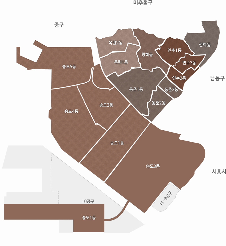 연수구 행정동 지도. 연수구 위쪽으로 중구와 미추홀구, 오른쪽으로 남동구와 시흥시가 위치해 있음. 연수구 행정동 : 왼쪽 위에서부터 오른쪽 아래방향으로 선학동, 연수1동, 연수3동, 연수2동, 청학동, 옥련2동, 옥련1동, 동춘1동, 동춘3동, 동춘2동, 송도2동, 송도4동, 송도5동, 송도1동, 송도3동, 11-1공구, 11-3공구, 11-2공구, 10공구, 송도1동, 송도1동