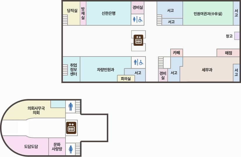 1층 청사안내도(왼쪽 상단, 시계방향으로) : 1.당직실, 방재실, 신한은행, 경비실 / 2. 서고, 서고, 민원여권과, 서고 / 3. 창고, 매점, 카페 / 4. 서고, 세무과, 서고, 경비실 / 4.서고, 회의실, 차량민원과, 취업정보센터 / 1층 청사안내도 (왼쪽하단 구역) : 의회사무국 의회, 국장실, 도담도담, 문화사랑방