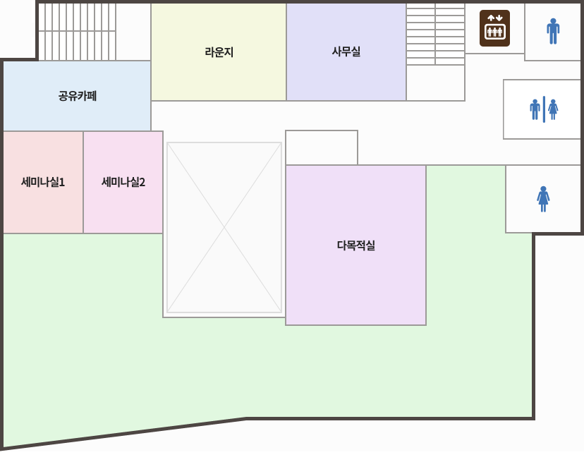 별관2층 청사안내도(왼쪽상단부터 시계방향으로) : 206-실버카페, 204-사무실, 엘리베이터, 남자화장실, 화장실,  여자화장실, 205-회의실, 201-사무실, 207-사무실, 202-사무실