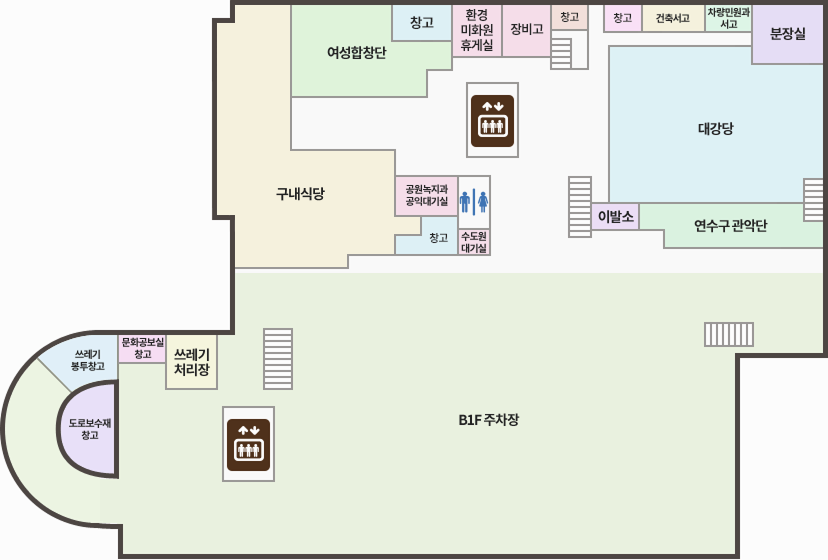 별관1층 청사안내도(왼쪽상단부터 시계방향으로) : 구내식당, 여성합창단, 창고, 환경미화원 휴게실, 장비고, 창고, 창고, 건축서고, 차량민원과 서고, 분장실, 대강당, 연수관악단, 이발소, 화장실, 수도원대기실, 공원녹지과 공익대기실, 창고 / (주차장 구역) : 쓰레기봉투창고, 도로보수재창고, 문화공보실창고, 쓰레기처리장, 엘리베이터, B1F주차장