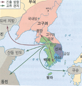 한성에서의 요서지방, 평양, 백제와 가야사이로 진출하였고, 산둥 반도, 동진, 규슈로 교류 관계.