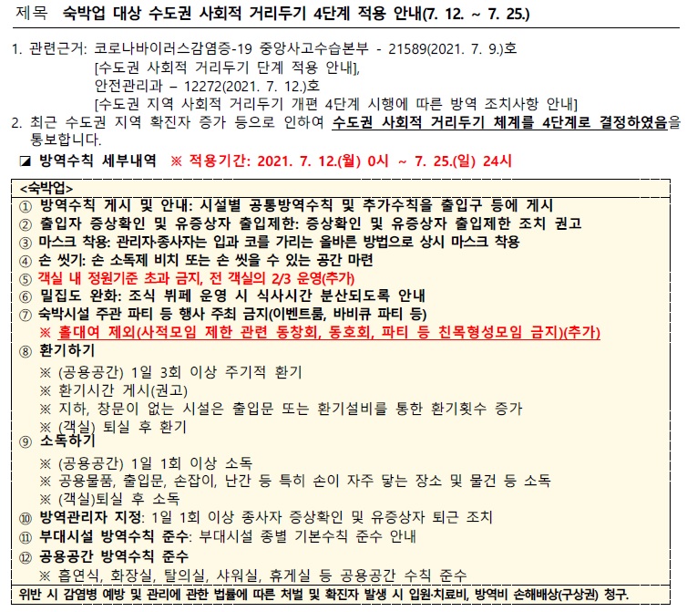 숙박업 대상 수도권 사회적 거리두기 4단계 적용 안내(7. 12. ~ 7. 25.)의 1번째 이미지