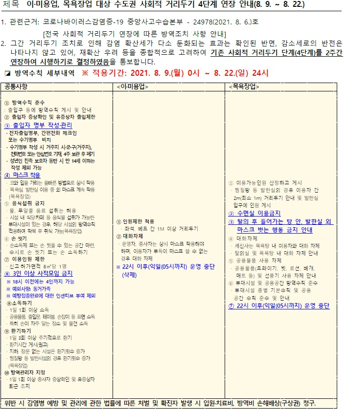 이미용업, 목욕장업 대상 수도권 사회적 거리두기 4단계 연장 안내(8.9.~8.22)의 1번째 이미지