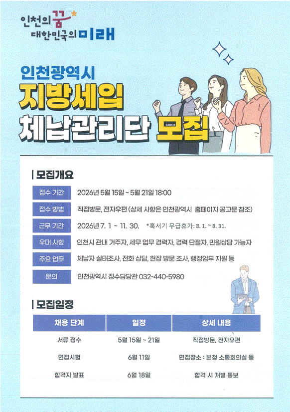 [인천광역시 징수담당관]2026년 인천광역시 지방세입 체납자 실태조사원 채용 공고의 1번째 이미지