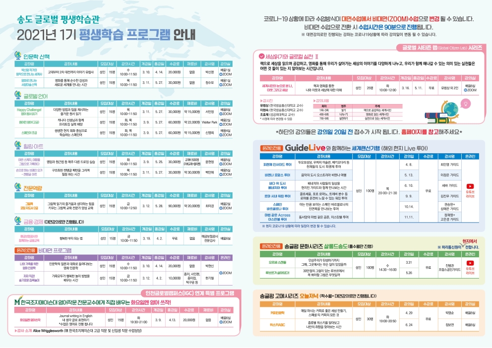 [송도 글로벌 평생학습관] 2021년 제1기 평생학습 프로그램 개강 안내의 1번째 이미지
