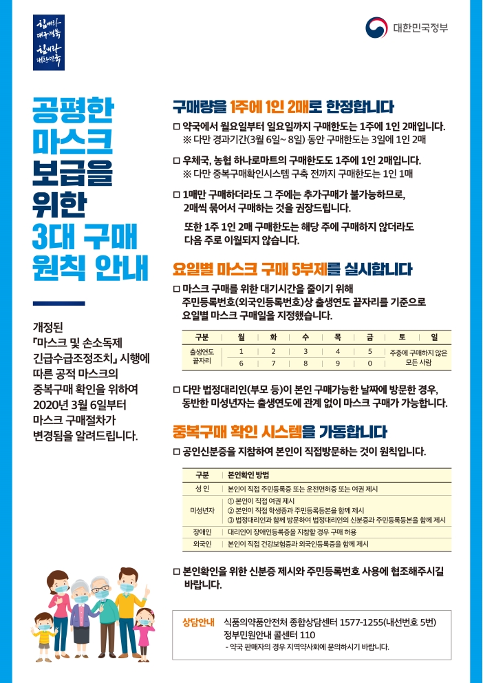 공적 마스크 구매 안내 포스터(한글) 및 안내문(영문)의 1번째 이미지