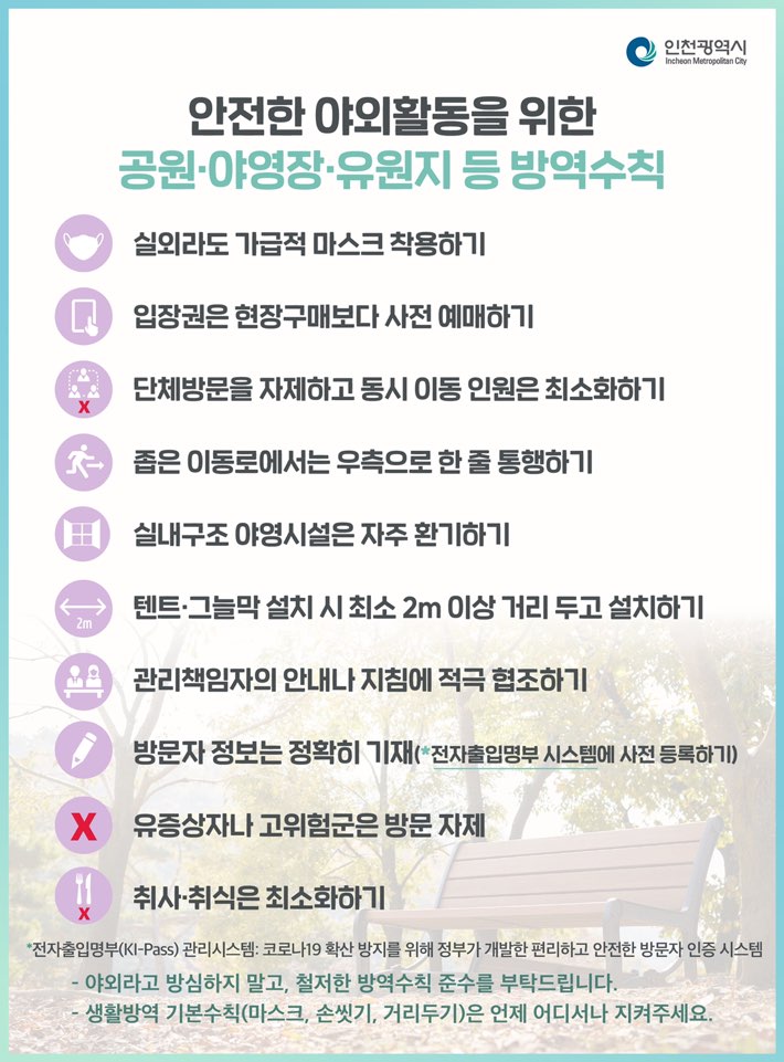 코로나19 안전한 야외활동을 위한 공원 야영장 유원지 등 방역수칙의 1번째 이미지