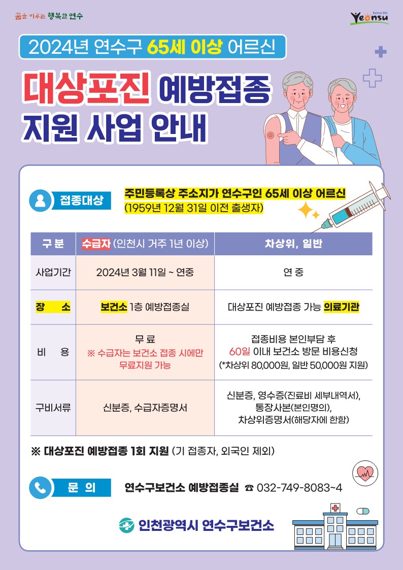 연수구, 65세 이상 기초생활수급자 어르신 대상포진 무료 접종