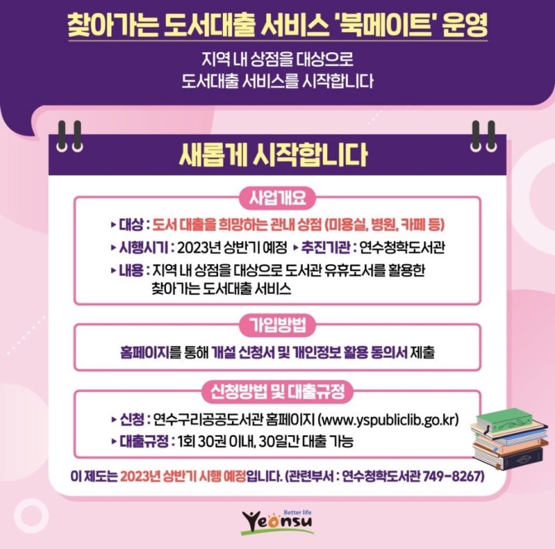 찾아가는 도서대출 서비스 '북메이트' 운영
지역 내 상점을 대상으로 도서대출 서비스를 시작합니다