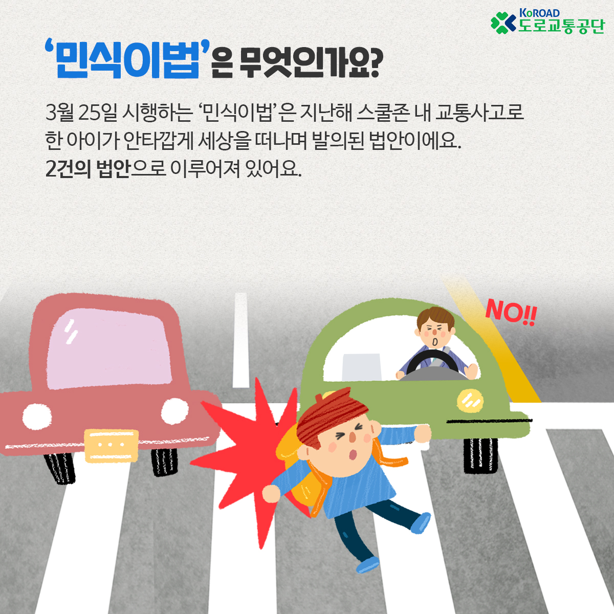 민식이법은 무엇인가요
3월 25일 시행하는 민식이법은 지난해 스쿨존 내 교통사고로 한 아이가 안타깝게 세상을 떠나며 발의된 법안이에요
2건의 법안으로 이루어져 있어요