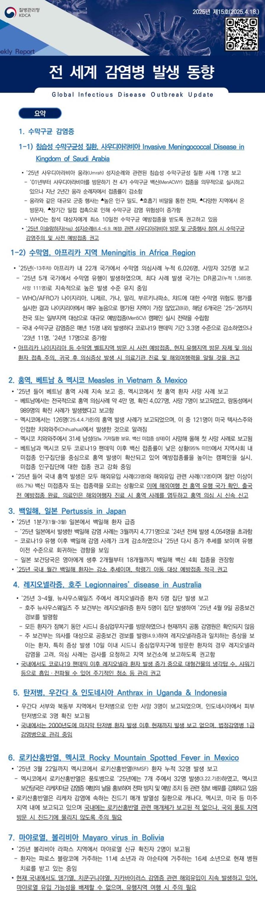 전 세계 감염병 발생 동향 2025년 제15호 이미지