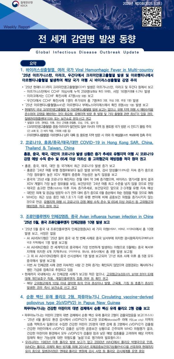 전 세계 감염병 발생 동향 2025년 제20호 이미지