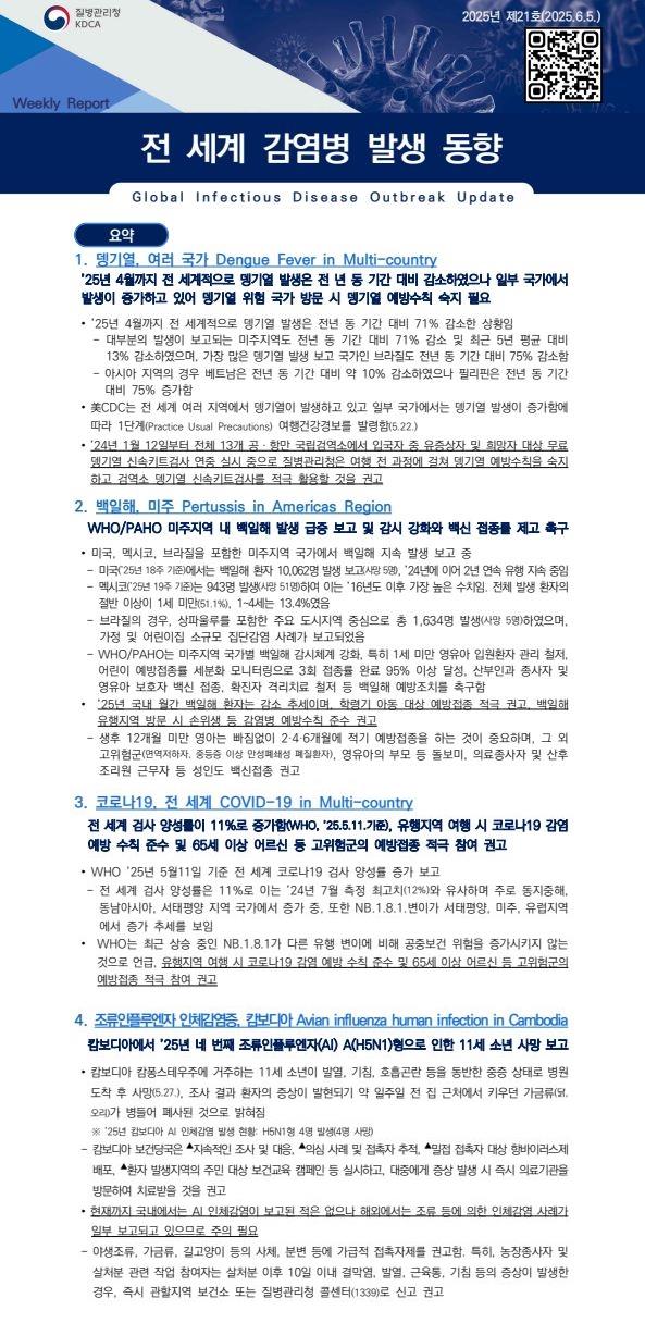 전 세계 감염병 발생 동향 2025년 제21호 이미지