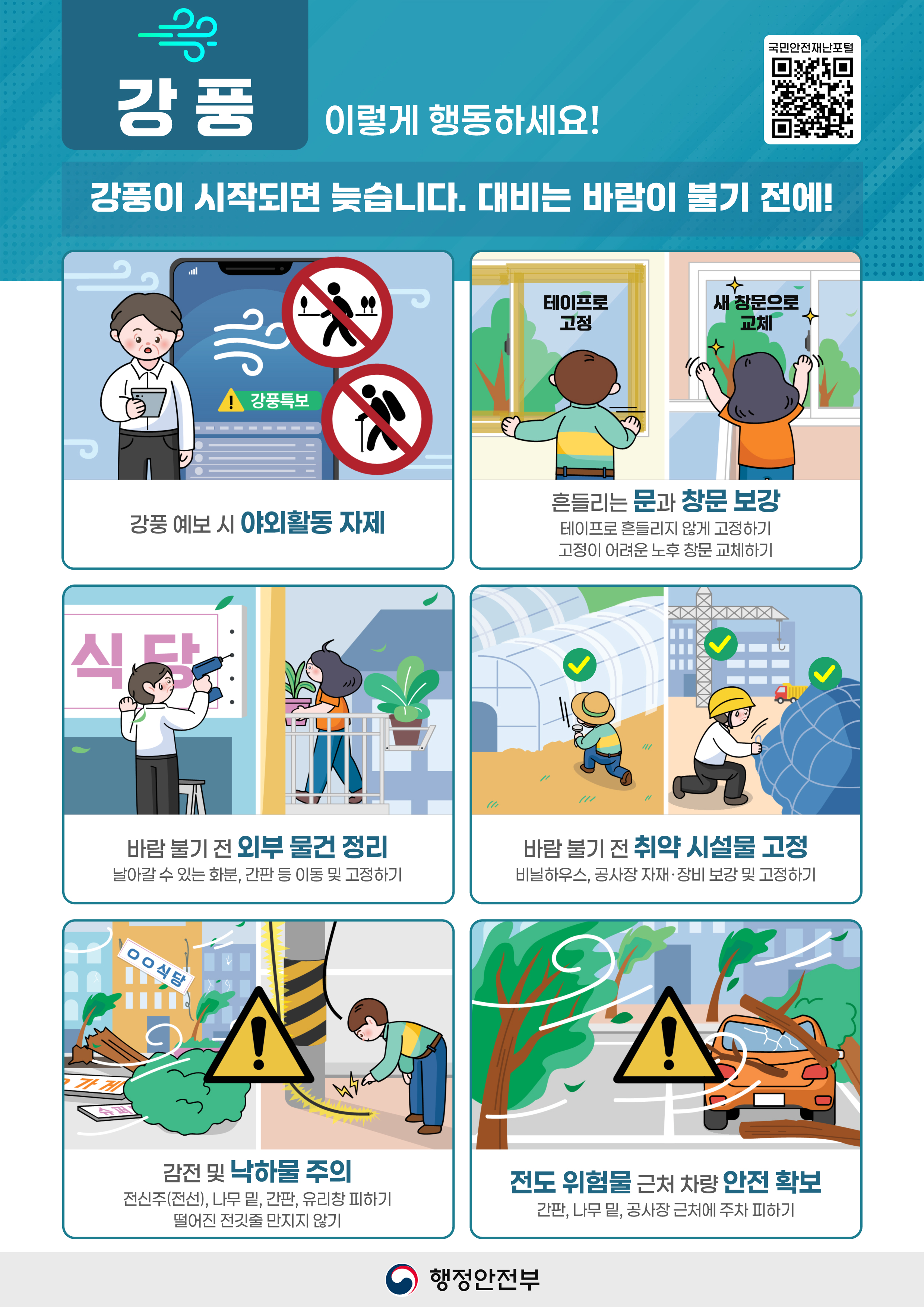 강풍 이렇게 행동하세요!
강풍이 시작되면 늦습니다. 대비는 바람이 불기 전에!
강풍 예보 시 야외활동 자제
흔들리는 문과 창문 보강 테이프로 흔들리지 않게 고정하기 고정이 어려운 노후 창문 교체하기
바람 불기 전 외부 물건 정리 날아갈 수 있는 화분, 간판 등 이동 및 고정하기
바람 불기 전 취약 시설물 고정
비닐하우스, 공사장 자재·장비 보강 및 고정하기
감전 및 낙하물 주의
전신주(전선), 나무 밑 간판, 유리창 피하기
떨어진 전깃줄 만지지 않기
전도 위험물 근처 차량 안전 확보
간판, 나무 밑, 공사장 근처에 주차 피하기