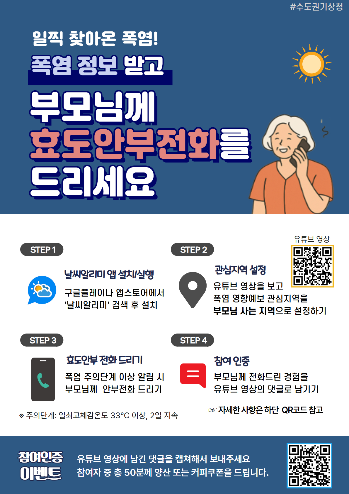 일찍 찾아온 폭염!
폭염 정보 받고 부모님께 효도안부전화를 드리세요
step1 날씨알리미 앱 설치, 실행
구글플레이나 앱스토어에서 날씨알리미 검색 후 설치
step2 관심지역 설정
유튜브 영상을 보고 폭염 영향예보 관심지역을 부모님 사는 지역으로 설정하기
step3 효도안부 전화 드리기
폭염 주의단계 이상 알림 시 부모님께 안부전화 드리기
step4 참여 인증
부모님께 전화드린 경험을 유튜브 영상의 댓글로 남기기
참여인증 이벤트
유튜브 영상에 남긴 댓글을 캡쳐해서 보내주세요
참여자 중 총 50분께 양산 또는 커피쿠폰을 드립니다.