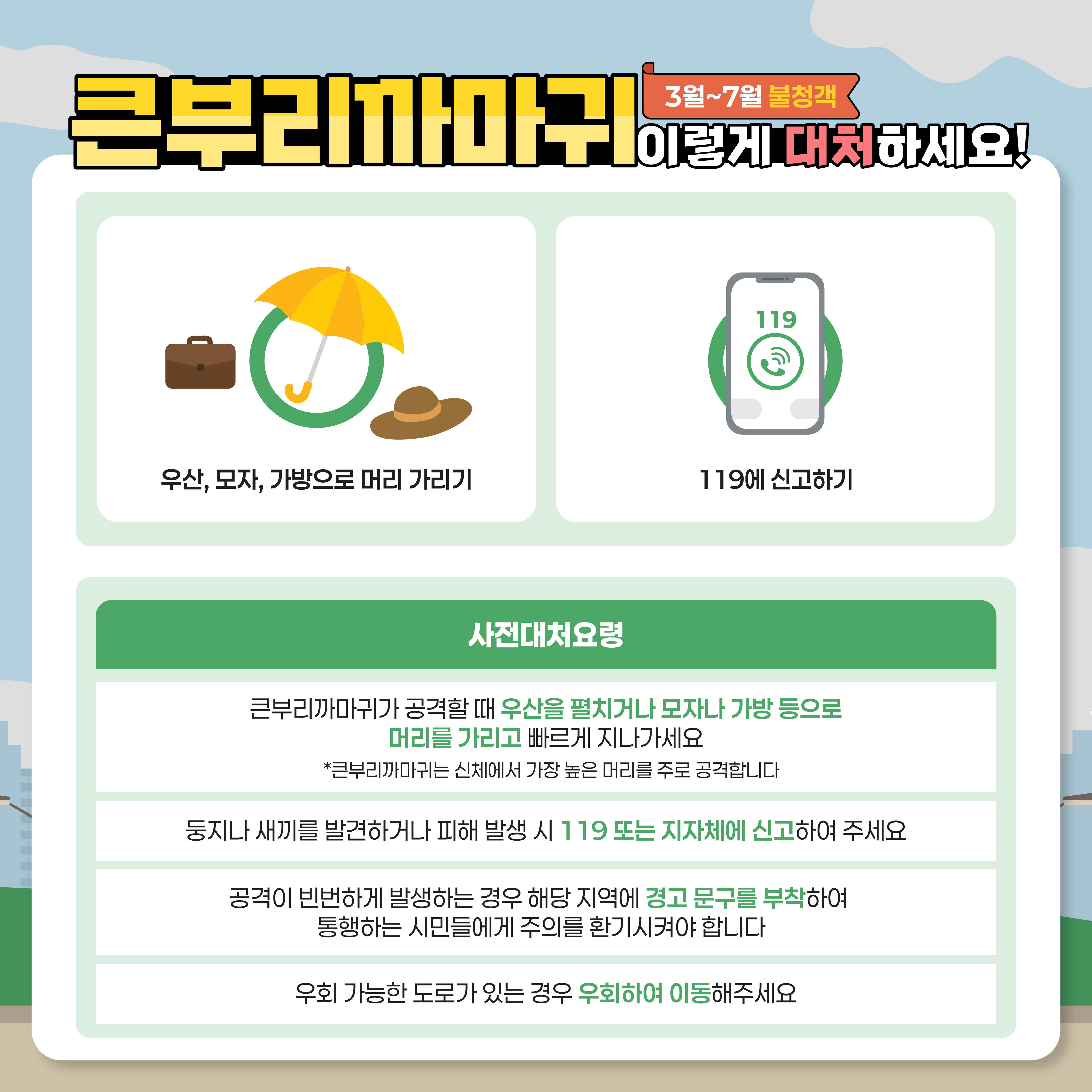 3~7월 불청객
큰부리까마귀 이렇게 대처하세요!
우산, 모자, 가방으로 머리 가리기
119에 신고하기
사전대처요령
큰부리까마귀가 공격할 때 우산을 펼치거나 모자나 가방 등으로 머리를 가리고 빠르게 지나가세요
큰부리까마귀는 신체에서 가장 높은 머리를 주로 공격합니다.
둥지나 새끼를 발견하거나 피해 발생 시 119 또는 지자체에 신고하여 주세요
공격이 빈번하게 발생하는 경우 해당 지역에 경고 문구를 부착하여 통행하는 시민들에게 주의를 환기시켜야 합니다
우회 가능한 도로가 있는 경우 우회하여 이동해주세요
