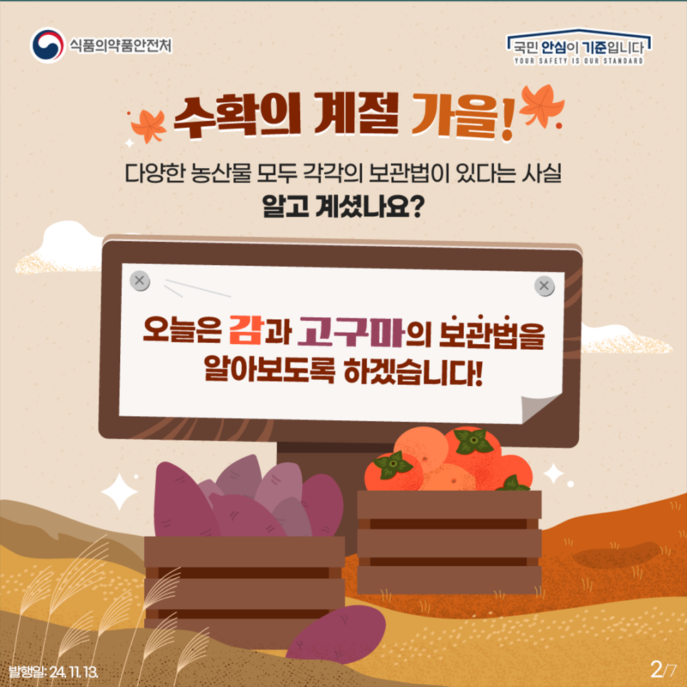 식품의약품안전처
국민 안심이 기준입니다
YOUR SAFETY IS OUR STANDARD
★수확의 계절 가을!*
다양한 농산물 모두 각각의 보관법이 있다는 사실
알고 계셨나요?
오늘은 감과 고구마의 보관법을 알아보도록 하겠습니다!
발행일: 24.11.13.
2-7