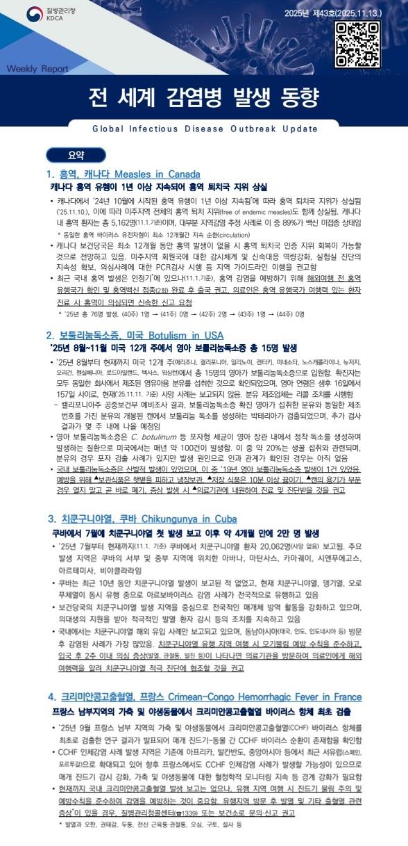 전 세계 감염병 발생 동향 2025년 제43호 이미지