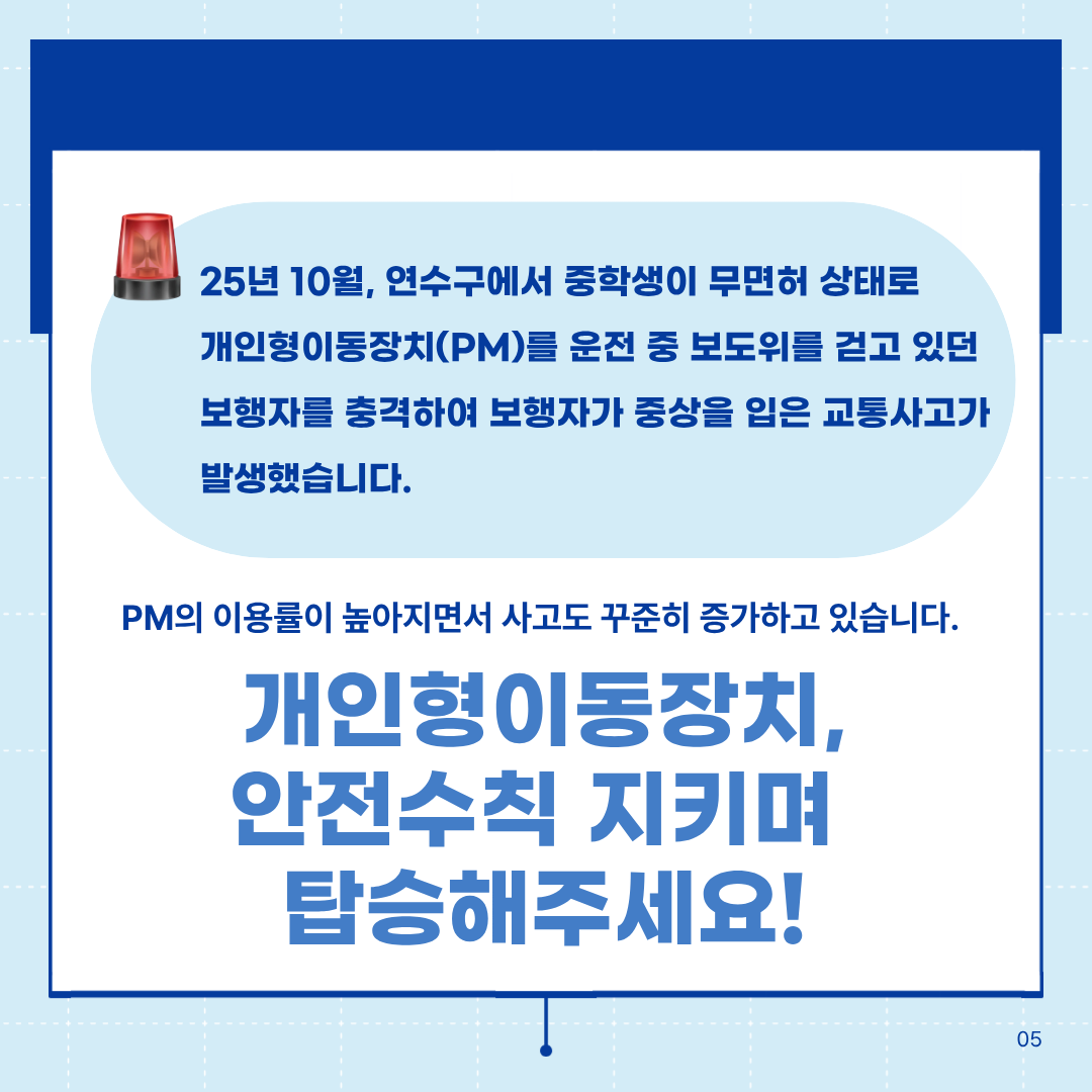 25년 10월, 연수구에서 중학생이 무면허 상태로 개인형이동장치(PM)를 운전 중 보도위를 걷고 있던 보행자를 충격하여 보행자가 중상을 입은 교통사고가 발생했습니다.
PM의 이용률이 높아지면서 사고도 꾸준히 증가하고 있습니다.
개인형이동장치, 안전수칙 지키며 탑승해주세요!
05