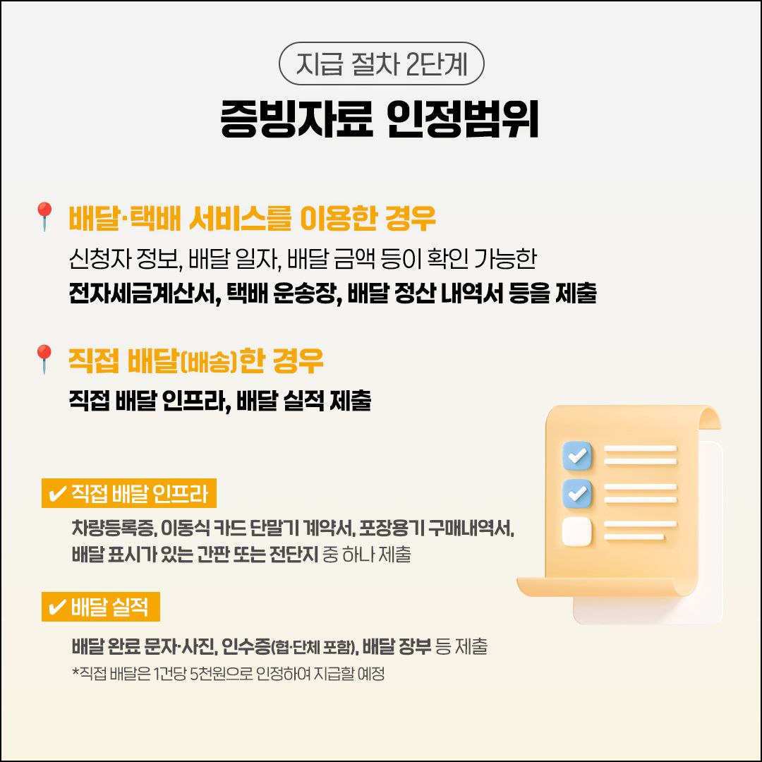 지급 절차 2단계
증빙자료 인정범위
배달·택배 서비스를 이용한 경우
신청자 정보, 배달 일자, 배달 금액 등이 확인 가능한
전자세금계산서, 택배 운송장, 배달 정산 내역서 등을 제출
직접 배달(배송)한 경우
직접 배달 인프라, 배달 실적 제출
직접 배달 인프라
차량등록증, 이동식 카드 단말기 계약서, 포장용기 구매내역서, 배달 표시가 있는 간판 또는 전단지 중 하나 제출
배달 실적
배달 완료 문자·사진, 인수증(협·단체 포함), 배달 장부 등 제출
*직접 배달은 1건당 5천원으로 인정하여 지급할 예정