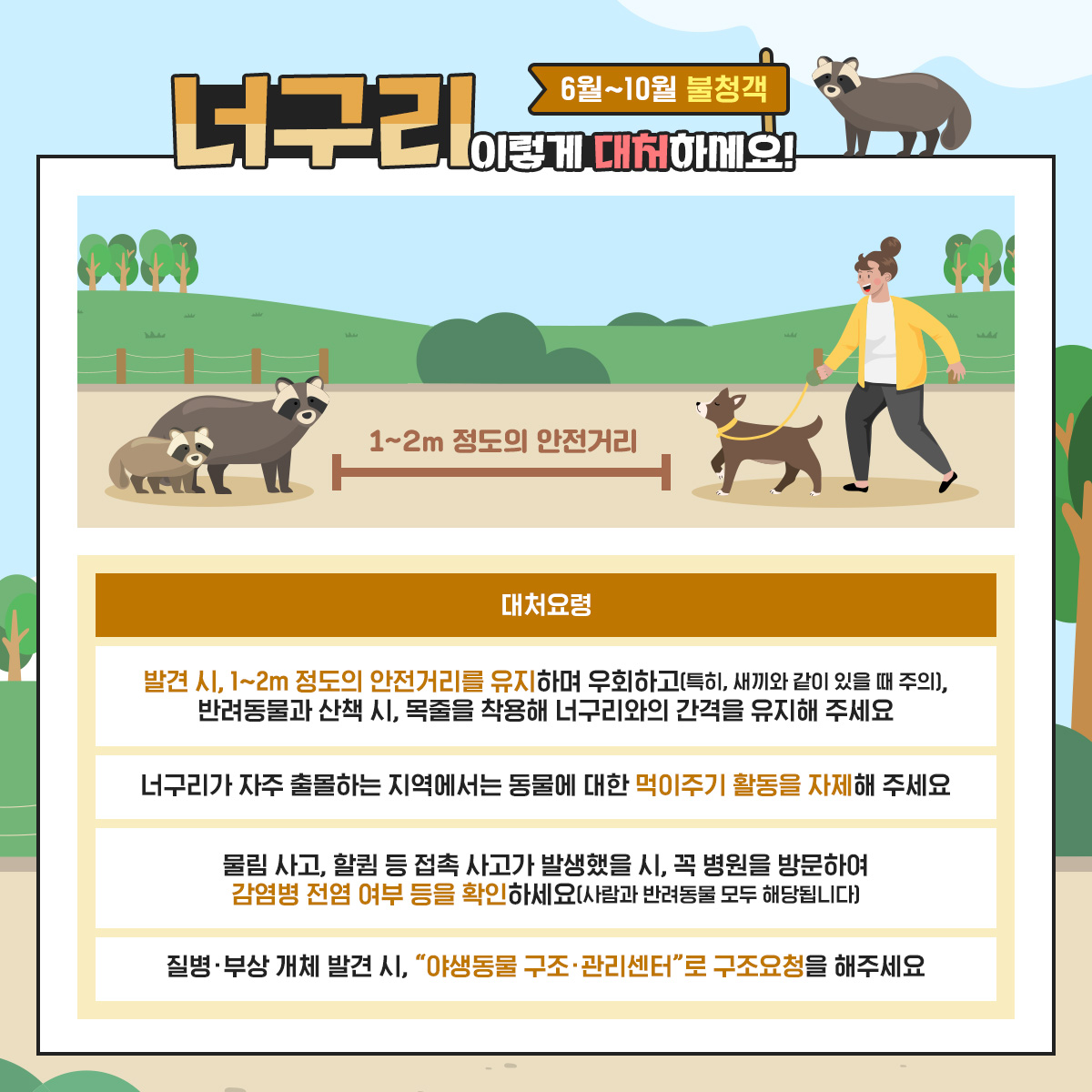 너구리
6월~10월 불청객
1~2m 정도의 안전거리
ㅓ
대처요령
발견 시, 1~2m 정도의 안전거리를 유지하며 우회하고(특히, 새끼와 같이 있을 때 주의, 반려동물과 산책 시, 목줄을 착용해 너구리와의 간격을 유지해 주세요
너구리가 자주 출몰하는 지역에서는 동물에 대한 먹이주기 활동을 자제해 주세요
물림 사고, 할큄 등 접촉 사고가 발생했을 시, 꼭 병원을 방문하여 감염병 전염 여부 등을 확인하세요(사람과 반려동물 모두 해당됩니다)
질병·부상 개체 발견 시, "야생동물 구조·관리센터"로 구조요청을 해주세요