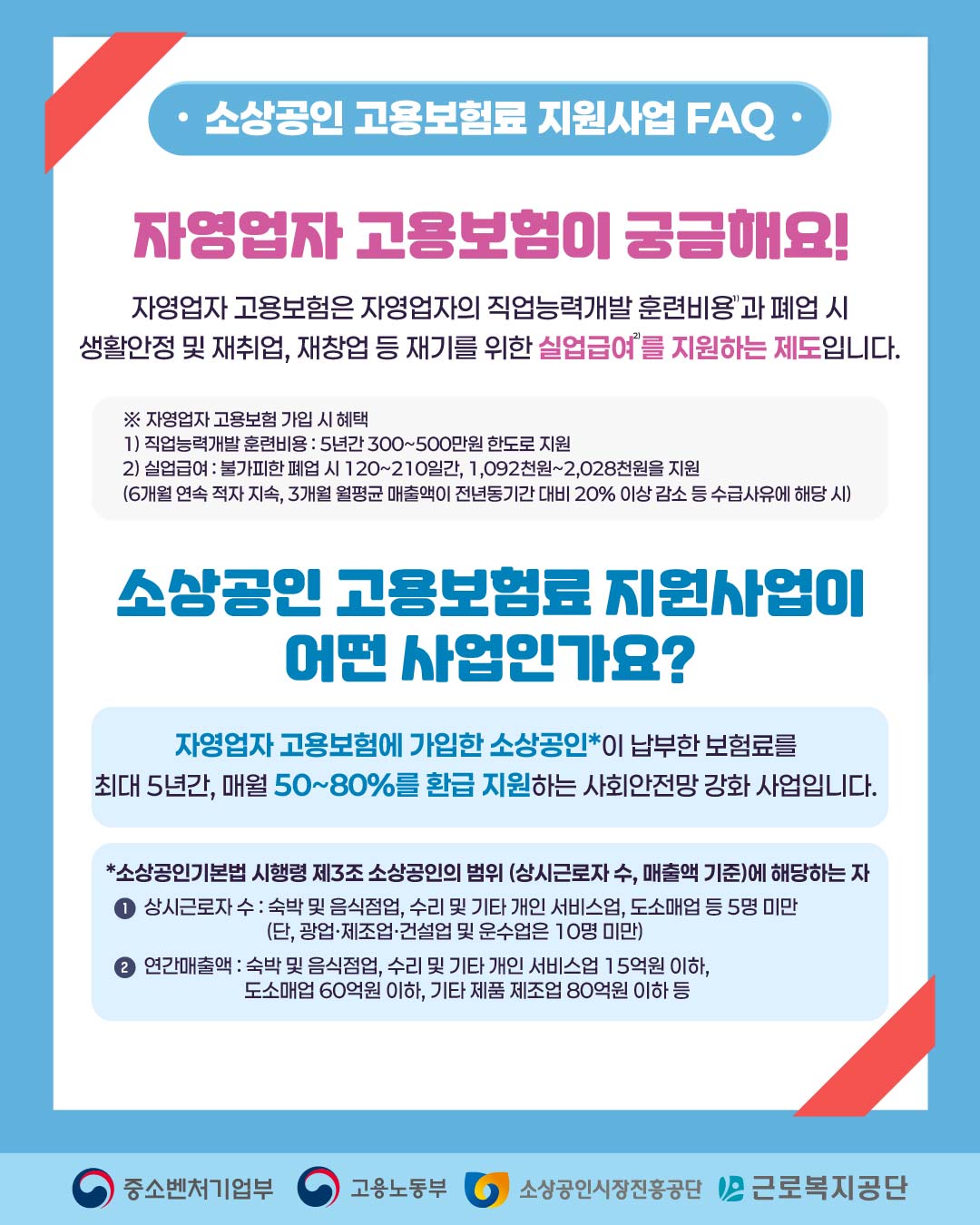 소상공인 고용보험료 지원사업 FAQ

자영업자 고용보험이 궁금해요!

자영업자 고용보험은 자영업자의 직업능력개발 훈련비용과 폐업 시
생활안정 및 재취업, 재창업 등 재기를 위한 실업급여를 지원하는 제도입니다.

※ 자영업자 고용보험 가입 시 혜택

직업능력개발 훈련비용 : 5년간 300~500만원 한도로 지원

실업급여 : 불가피한 폐업 시 120~210일간, 1,092천원~2,028천원 지원
(6개월 연속 적자 지속, 3개월 월평균 매출액이 전년동기간 대비 20% 이상 감소 등 수급사유에 해당 시)