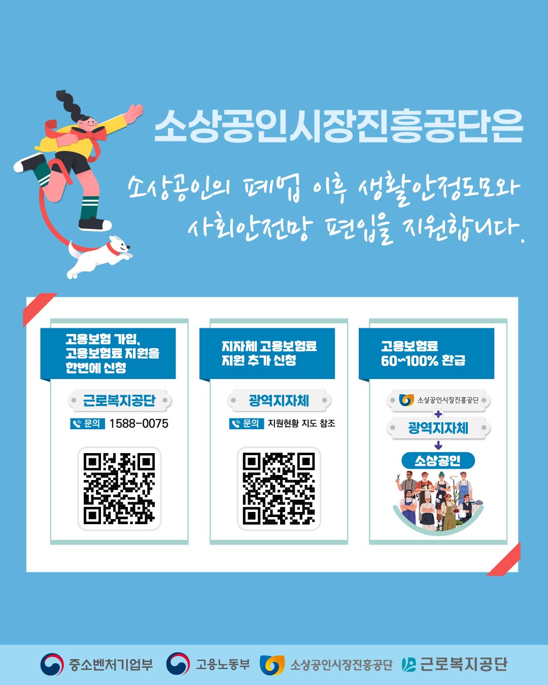 소상공인시장진흥공단은
소상공인의 폐업 이후 생활안정과
사회안전망 편입을 지원합니다.

고용보험 가입, 고용보험료 지원을 한 번에 신청

근로복지공단 ☎ 1588-0075

지자체 고용보험료 지원 추가 신청

광역지자체 (지원현황 지도 참조)

고용보험료 60~100% 환급

소상공인시장진흥공단  광역지자체 → 소상공인