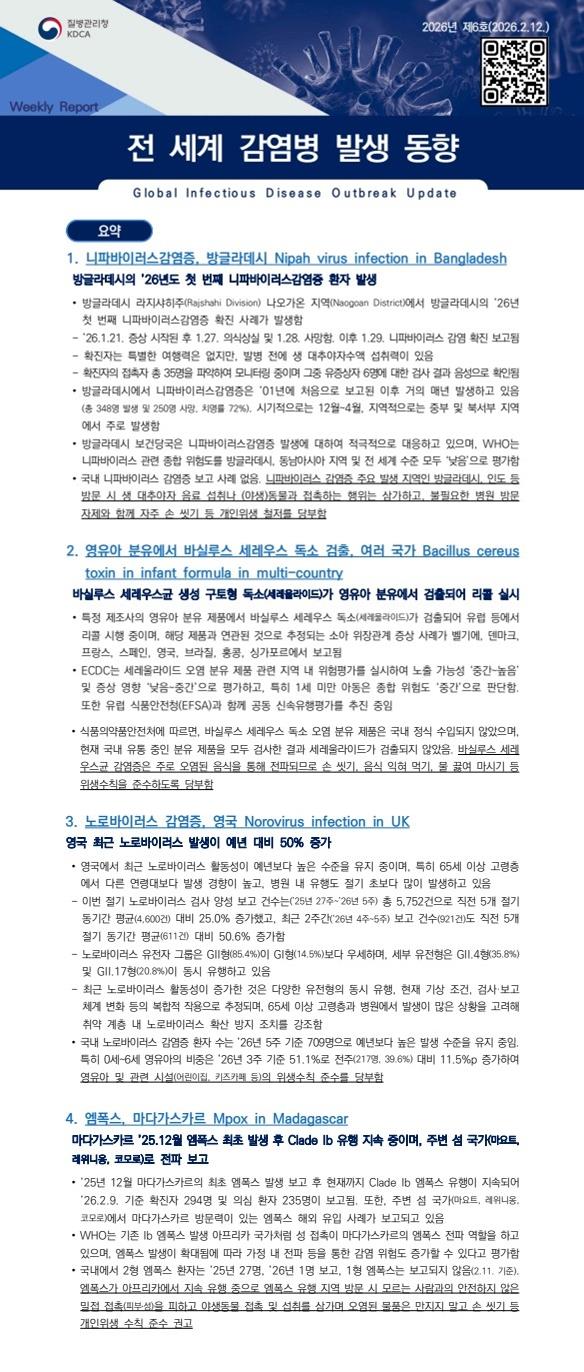 전 세계 감염병 발생 동향 2026년 제6호 이미지
