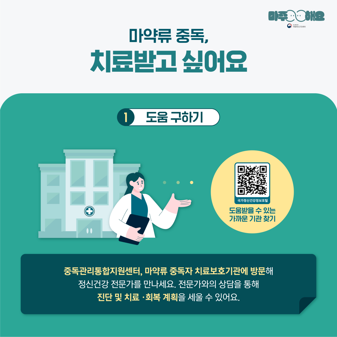 마주해요
마약류 중독,
치료받고 싶어요
1
도움 구하기
국가정신건강정보포
도움받을 수 있는 가까운 기관 찾기
중독관리통합지원센터, 마약류 중독자 치료보호기관에 방문해 정신건강 전문가를 만나세요. 전문가와의 상담을 통해 진단 및 치료·회복 계획을 세울 수 있어요.