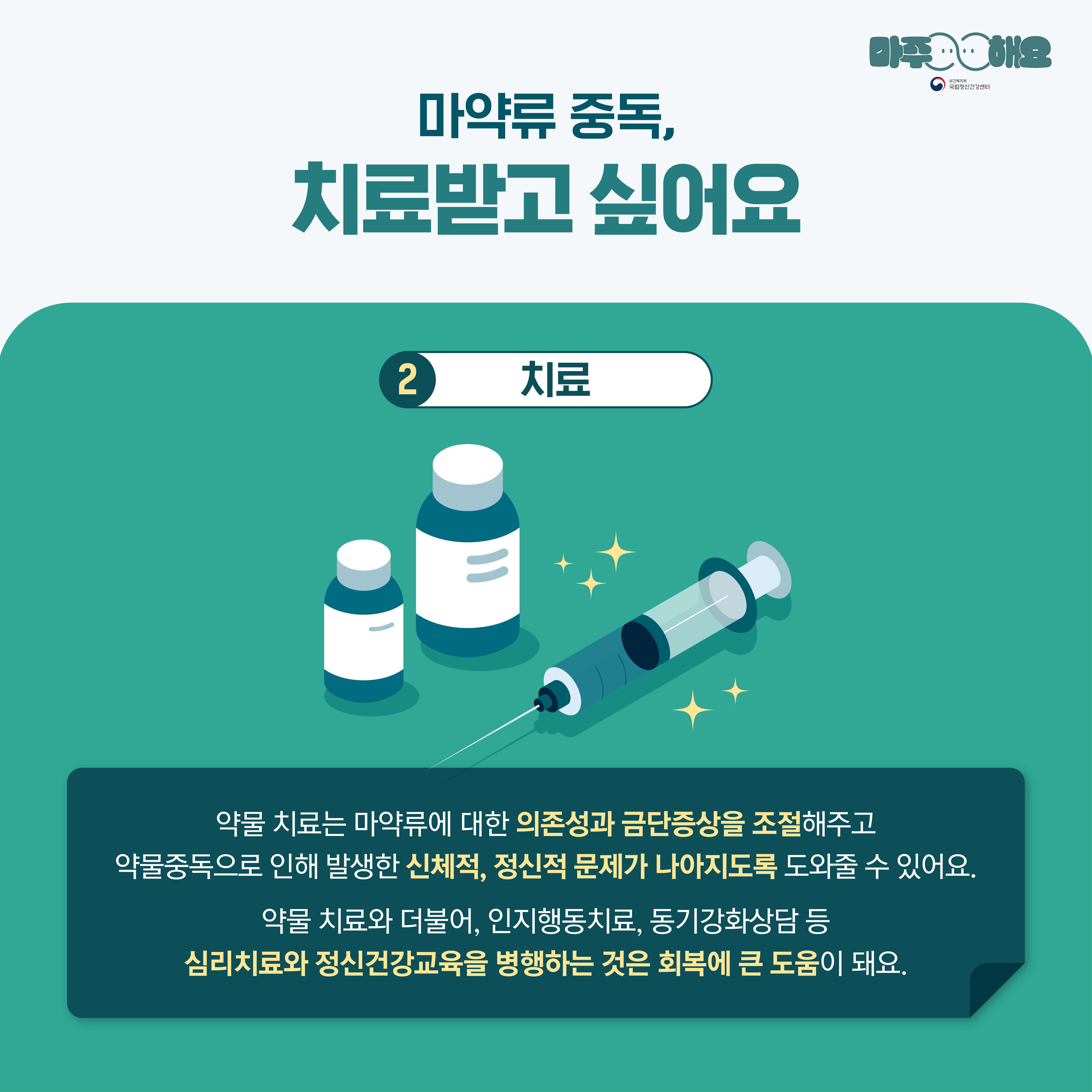 마족해요
국립정신건강센터
마약류 중독,
치료받고 싶어요
2
치료
약물 치료는 마약류에 대한 의존성과 금단증상을 조절해주고 약물중독으로 인해 발생한 신체적, 정신적 문제가 나아지도록 도와줄 수 있어요.
약물 치료와 더불어, 인지행동치료, 동기강화상담 등 심리치료와 정신건강교육을 병행하는 것은 회복에 큰 도움이 돼요.