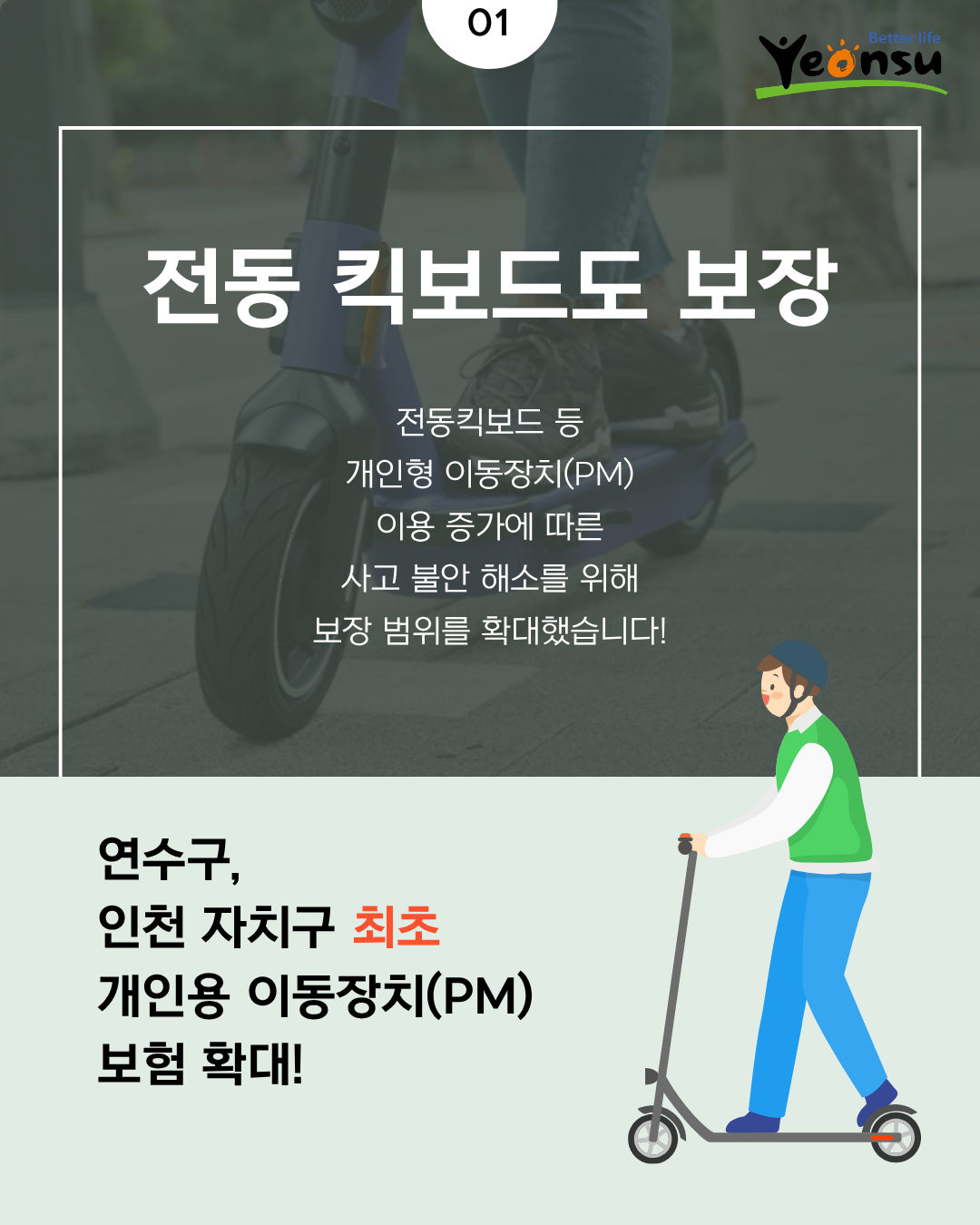 01
Yeonsu
전동 킥보드도 보장
전동킥보드 등 개인형 이동장치(PM) 이용 증가에 따른 사고 불안 해소를 위해 보장 범위를 확대했습니다!
연수구, 인천 자치구 최초 개인용 이동장치(PM) 보험 확대!