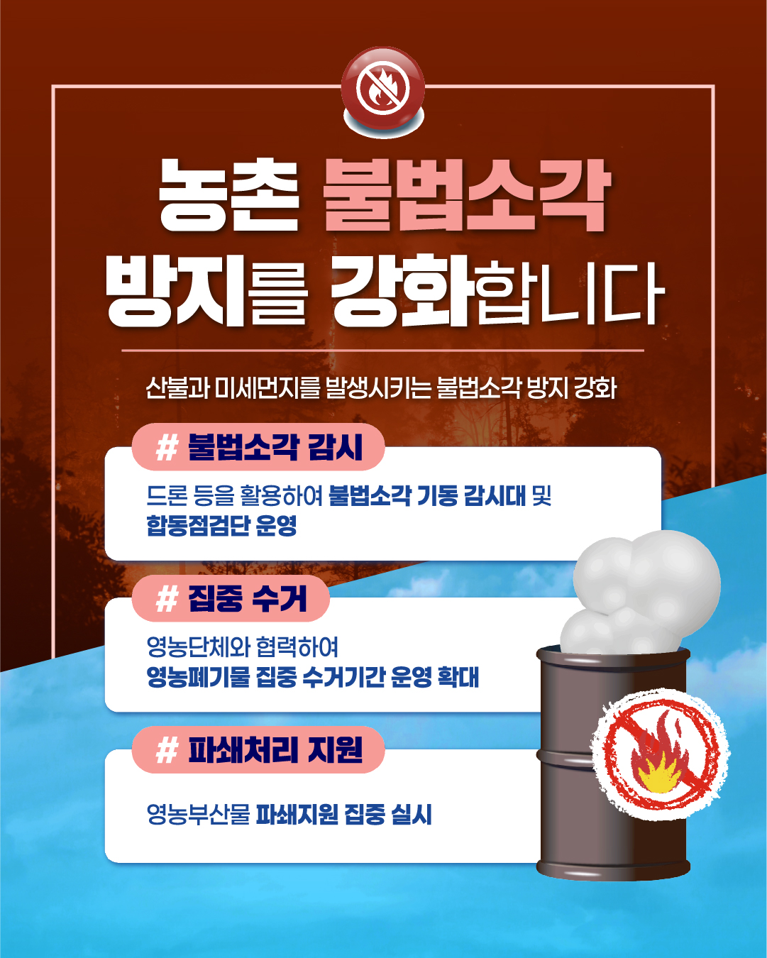 농촌 불법소각
방지를 강화합니다
산불과 미세먼지를 발생시키는 불법소각 방지 강화
#
불법소각 감시
드론 등을 활용하여 불법소각 기동 감시대 및 합동점검단 운영
#
집중 수거
영농단체와 협력하여 영농폐기물 집중 수거기간 운영 확대
#
파쇄처리 지원
영농부산물 파쇄지원 집중 실시