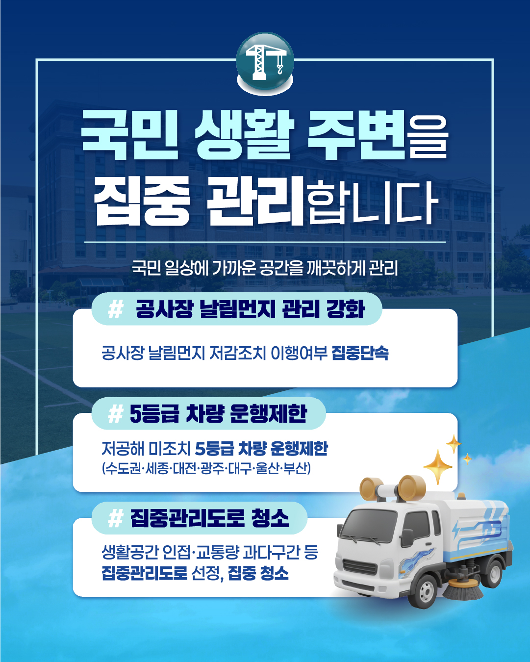 국민 생활 주변을 집중 관리합니다
국민 일상에 가까운 공간을 깨끗하게 관리
#공사장 날림먼지 관리 강화
공사장 날림먼지 저감조치 이행여부 집중단속
#
5등급 차량 운행제한
저공해 미조치 5등급 차량 운행제한
(수도권·세종·대전·광주·대구·울산·부산)
#집중관리도로 청소
생활공간 인접·교통량 과다구간 등 집중관리도로 선정, 집중 청소