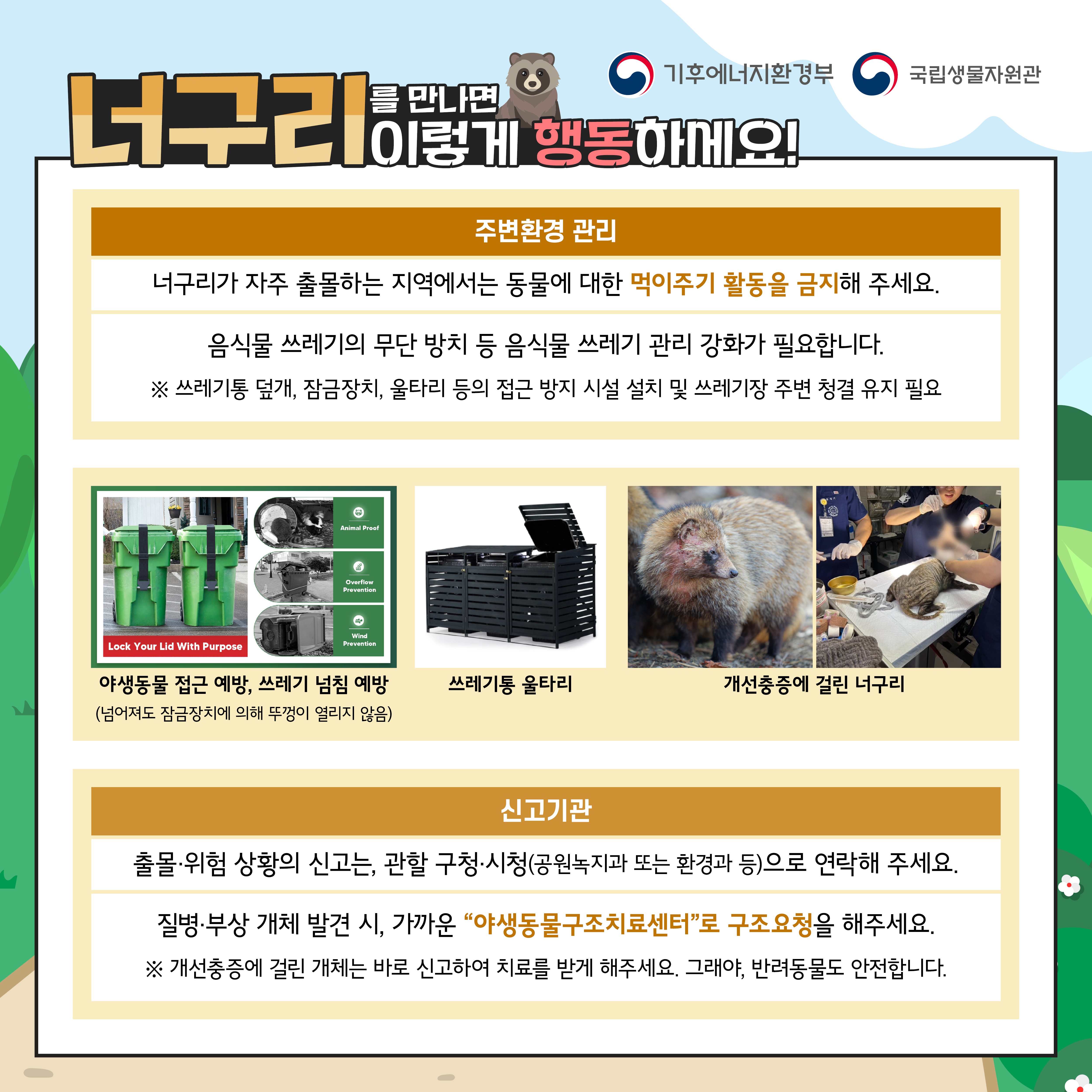 기후에너지환경부
국립생물자원관
너구리 를 만나면 이렇게 행동하세요!
주변환경 관리
너구리가 자주 출몰하는 지역에서는 동물에 대한 먹이주기 활동을 금지해 주세요.
음식물 쓰레기의 무단 방치 등 음식물 쓰레기 관리 강화가 필요합니다.
※ 쓰레기통 덮개, 잠금장치, 울타리 등의 접근 방지 시설 설치 및 쓰레기장 주변 청결 유지 필요
Animal Proof
Overflow Prevention
Lock Your Lid With Purpose
Wind Prevention
야생동물 접근 예방, 쓰레기 넘침 예방
(넘어져도 잠금장치에 의해 뚜껑이 열리지 않음)
쓰레기통 울타리
개선충증에 걸린 너구리
신고기관
출몰·위험 상황의 신고는, 관할 구청·시청(공원녹지과 또는 환경과 등)으로 연락해 주세요.
질병·부상 개체 발견 시, 가까운 "야생동물구조치료센터"로 구조요청을 해주세요.
※ 개선충증에 걸린 개체는 바로 신고하여 치료를 받게 해주세요. 그래야, 반려동물도 안전합니다.