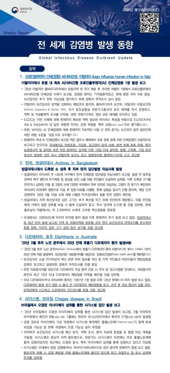 전 세계 감염병 발생 동향 2026년 제12호 이미지