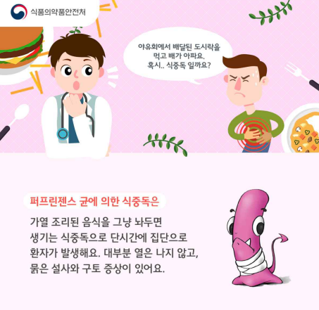 식품의약품안전처
야유회에서 배달된 도시락을 먹고 배가 아파요. 혹시 식중독 일까요?
퍼프린젠스 균에 의한 식중독은
가열 조리된 음식을 그냥 놔두면 생기는 식중독으로 단시간에 집단으로 환자가 발생해요. 대부분 열은 나지 않고, 붉은 설사와 구토 증상이 있어요.