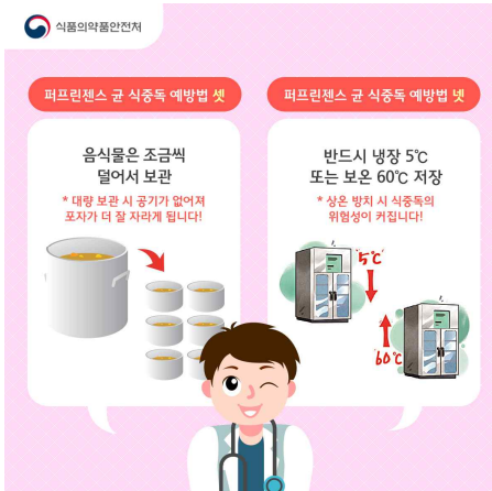 식품의약품안전처
퍼프린젠스 균 식중독 예방법 셋
퍼프린젠스 균 식중독 예방법 뱃
음식물은 조금씩 덜어서 보관
*대량 보관 시 공기가 없어져 포자가 더 잘 자라게 됩니다!
반드시 냉장 5℃ 또는 보온 60℃ 저장
*상은 방치 시 식중독의 위험성이 커집니다!
60℃