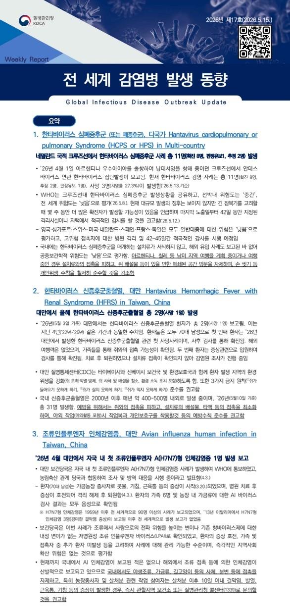 전 세계 감염병 발생 동향 2026년 제17호 이미지