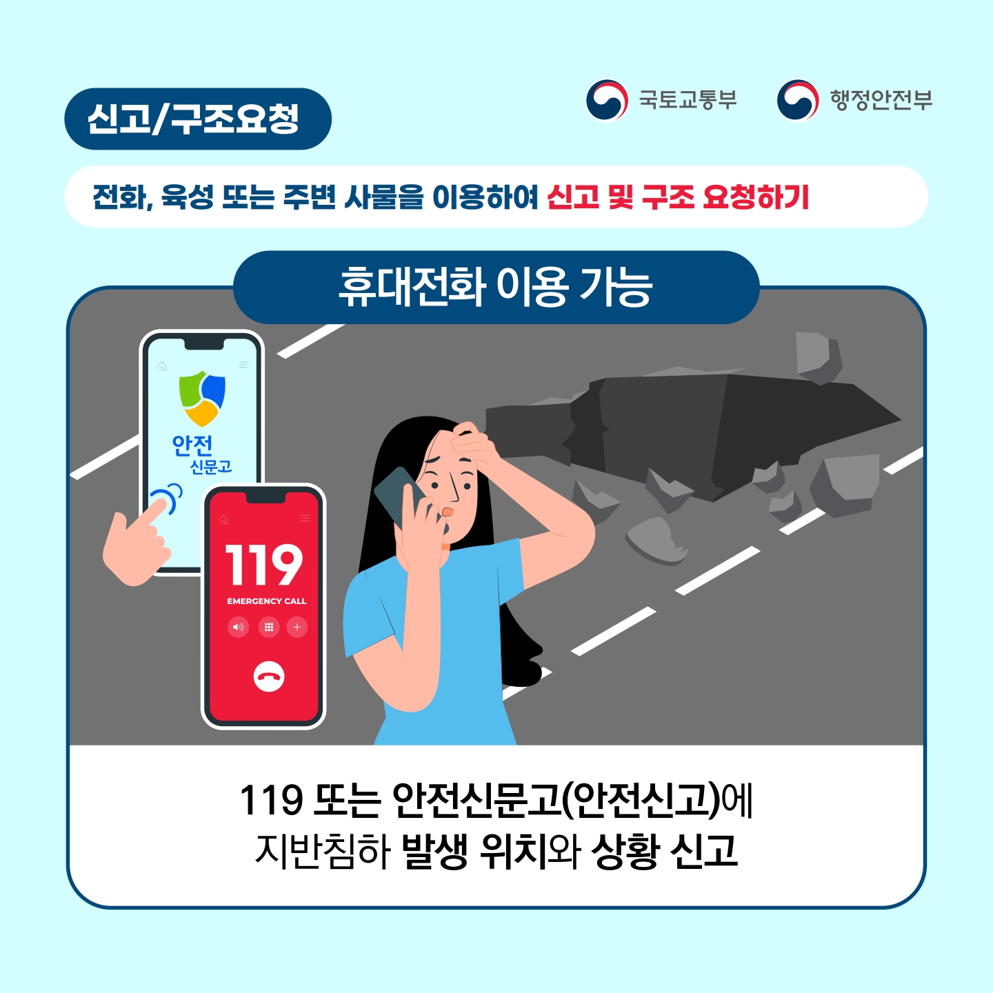 신고구조요청
국토교통부
행정안전부
전화, 육성 또는 주변 사물을 이용하여 신고 및 구조 요청하기
A
휴대전화 이용 가능
안전 신문고
A
119
EMERGENCY CALL

119 또는 안전신문고(안전신고)에
지반침하 발생 위치와 상황 신고