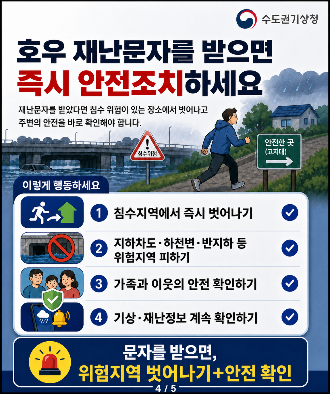 아이폰·갤럭시
재난문자 설정 방법

화면을 따라 재난문자 수신을 켜주세요

아이폰

설정
알림
재난문자 수신 설정에서 긴급재난문자 켜기

갤럭시

설정 또는 메시지 앱
재난문자
긴급재난문자 수신 켜기

※ 휴대전화 기종과 운영체제에 따라 메뉴명이 조금 다를 수 있습니다.

지금 바로 설정하세요!