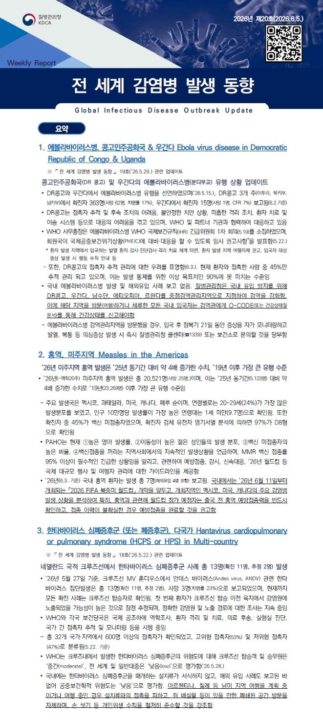 전 세계 감염병 발생 동향 2026년 제20호 이미지