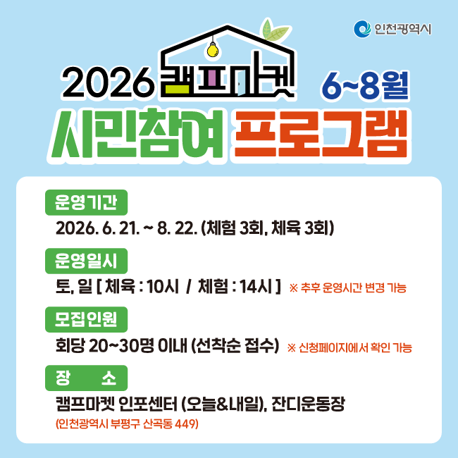 2026 캠프마켓 6~8월 시민참여 프로그램

운영개요
운영기간 : 2026. 6. 21. ~ 8. 22. (체험 3회, 체육 3회)
운영일시 : 토·일 체육 : 10시  체험 : 14시
※ 추후 운영시간 변경 가능
모집인원 : 회당 20~30명 이내(선착순 접수)
※ 신청페이지에서 확인 가능
장소
캠프마켓 인포센터(오늘&내일), 잔디운동장
(인천광역시 부평구 산곡동 449)