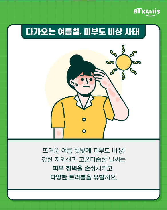 다가오는 여름철, 피부도 비상 사태

뜨거운 여름 햇볕에 피부도 비상!

강한 자외선과 고온다습한 날씨는
피부 장벽을 손상시키고
다양한 트러블을 유발해요.