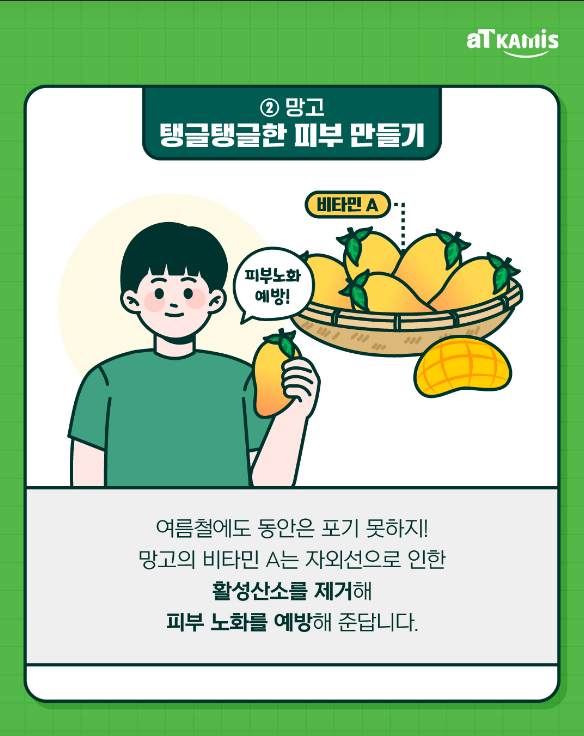 ② 망고
탱글탱글한 피부 만들기

비타민 A

(말풍선) 피부노화 예방!

여름철에도 동안은 포기 못하지!

망고의 비타민 A는 자외선으로 인한
활성산소를 제거해
피부 노화를 예방해 준답니다.