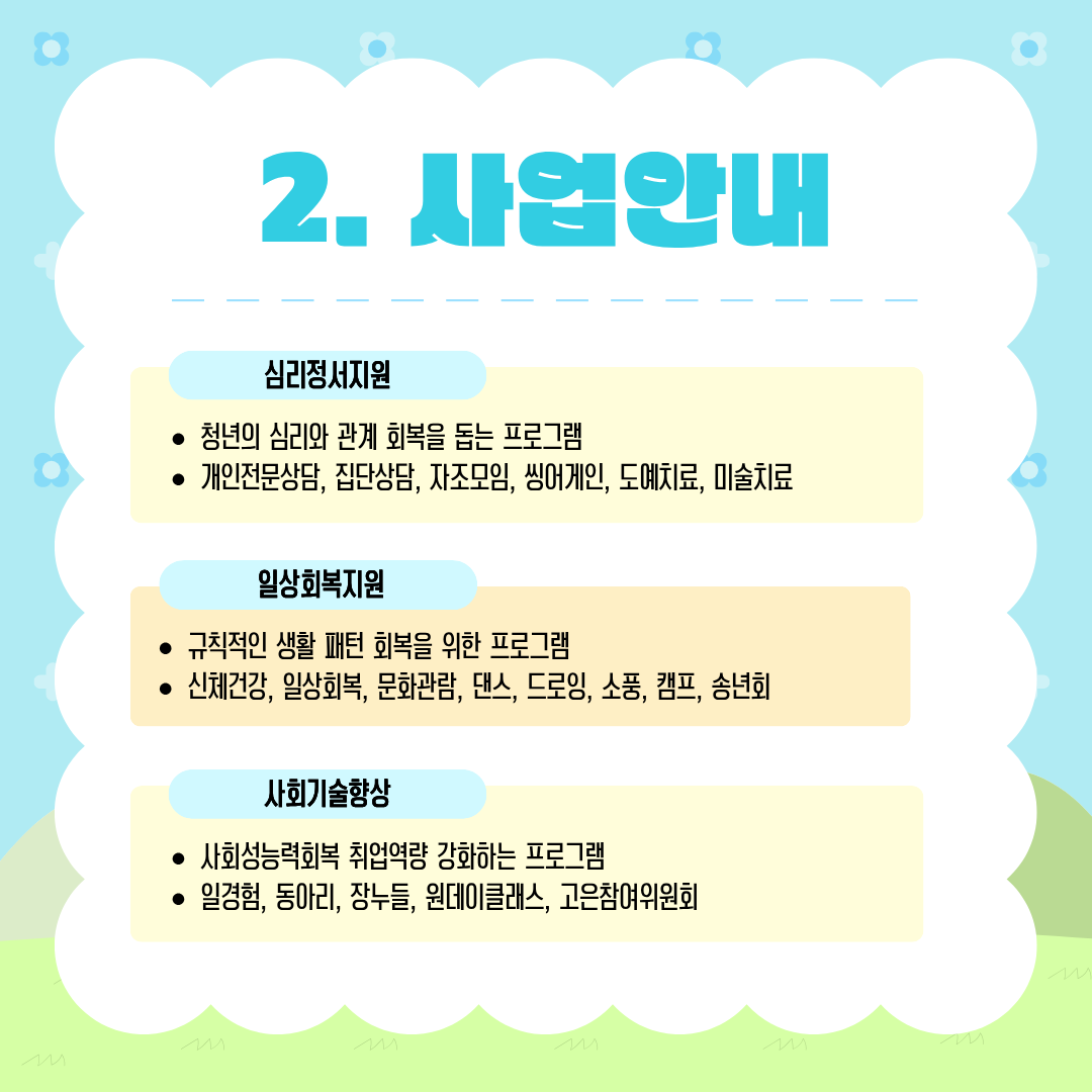 사업안내

심리정서지원
• 청년의 심리와 관계 회복을 돕는 프로그램
• 개인전문상담, 집단상담, 자조모임, 씽어게인, 도예치료, 미술치료

일상회복지원
• 규칙적인 생활 패턴 회복을 위한 프로그램
• 신체건강, 일상회복, 문화관람, 댄스, 드로잉, 소풍, 캠프, 송년회

사회기술향상
• 사회성능력회복 취업역량 강화하는 프로그램
• 일경험, 동아리, 장누들, 원데이클래스, 고은참여위원회