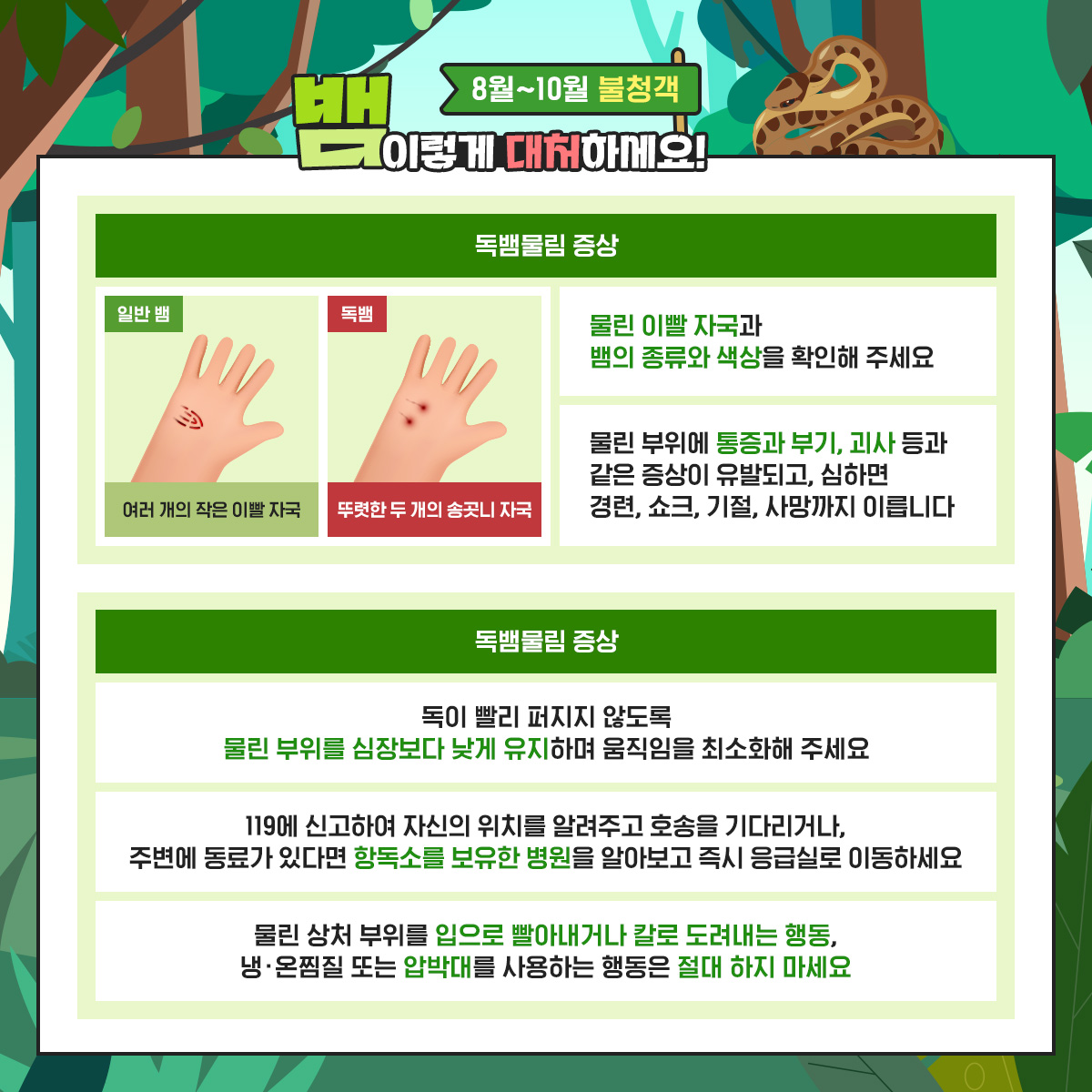 8월~10월 불청객
뱀 이렇게 대처하세요!

독뱀물림 증상

일반 뱀
여러 개의 작은 이빨 자국

독뱀
뚜렷한 두 개의 송곳니 자국

물린 이빨 자국과 뱀의 종류와 색상을 확인해 주세요

물린 부위에 통증과 부기, 괴사 등과 같은 증상이 유발되고, 심하면 경련, 쇼크, 기절, 사망까지 이릅니다

독뱀물림 증상

독이 빨리 퍼지지 않도록 물린 부위를 심장보다 낮게 유지하며 움직임을 최소화해 주세요

119에 신고하여 자신의 위치를 알려주고 호송을 기다리거나, 주변에 동료가 있다면 항독소를 보유한 병원을 알아보고 즉시 응급실로 이동하세요

물린 상처 부위를 입으로 빨아내거나 칼로 도려내는 행동, 냉·온찜질 또는 압박대를 사용하는 행동은 절대 하지 마세요