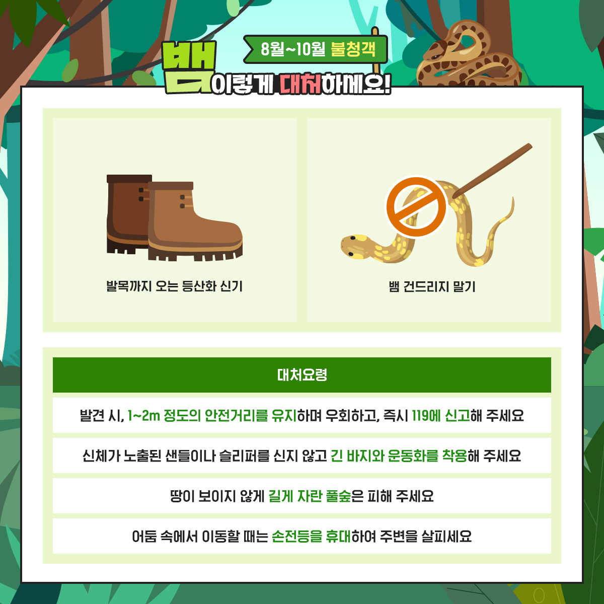 8월~10월 불청객
뱀 이렇게 대처하세요!

발목까지 오는 등산화 신기

뱀 건드리지 말기

대처요령

발견 시, 1~2m 정도의 안전거리를 유지하며 우회하고, 즉시 119에 신고해 주세요

신체가 노출된 샌들이나 슬리퍼를 신지 않고 긴 바지와 운동화를 착용해 주세요

땅이 보이지 않게 길게 자란 풀숲은 피해 주세요

어둠 속에서 이동할 때는 손전등을 휴대하여 주변을 살피세요