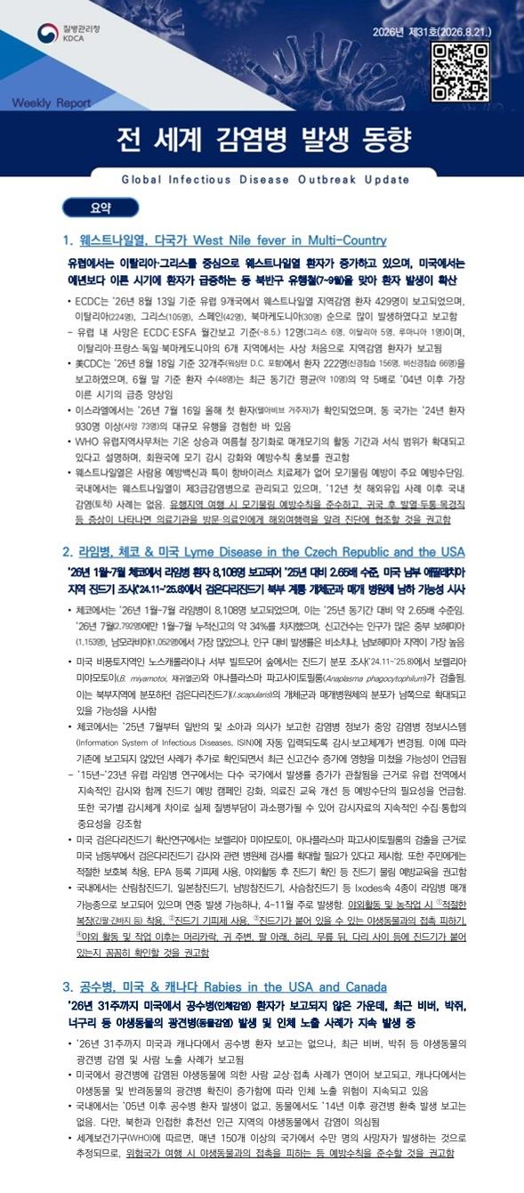 전 세계 감염병 발생 동향 2026년 제31호 이미지